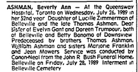 Beverly Ann Ashman
Obituary