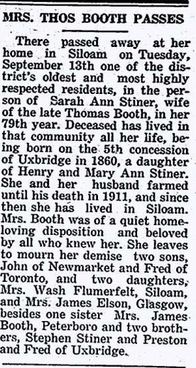 Sarah Ann (Stiner) Booth
Obituary