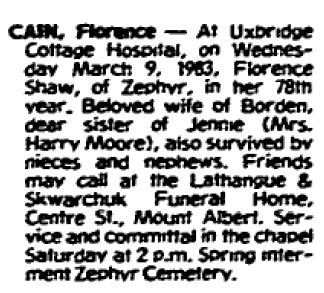 Florence (Shaw) Cain
Obituary