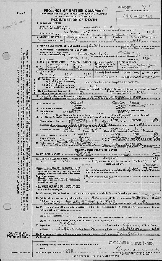 Robert Coltart
Death Registration