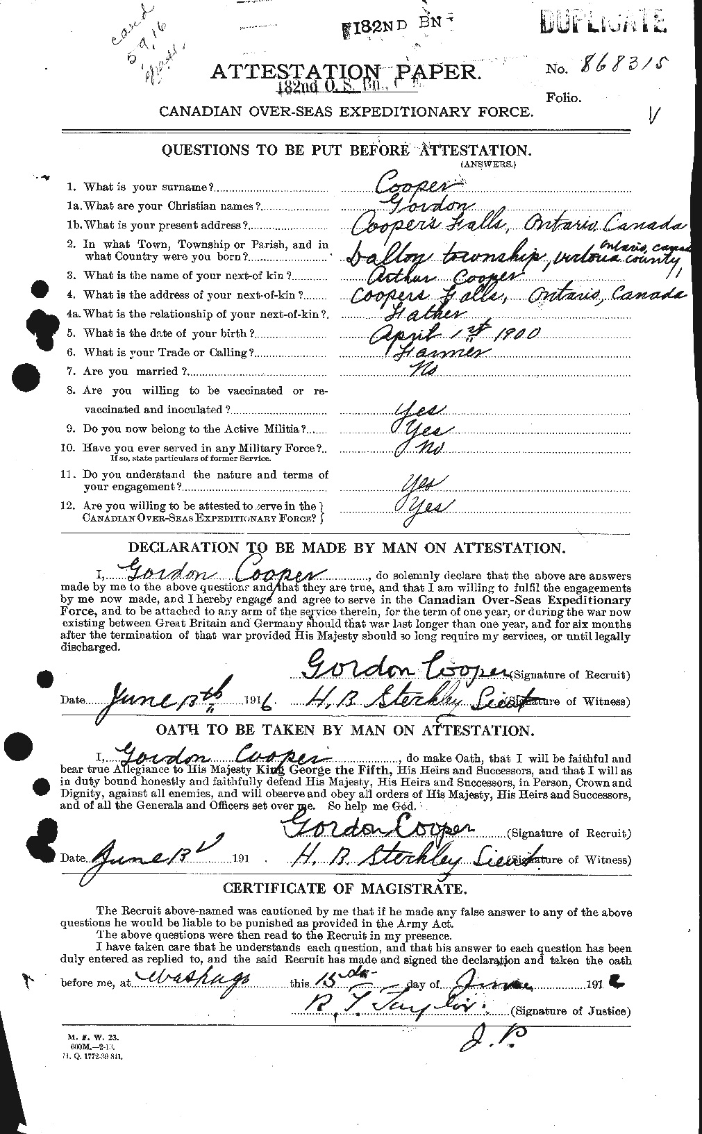 Gordon Cooper
Attestation Paper Front