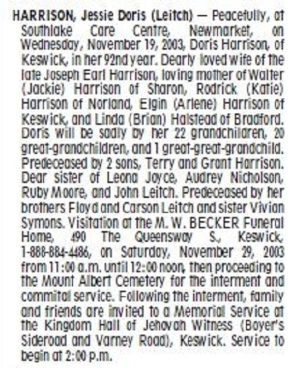 Jessie (Leitch) Harrison
Obituary
