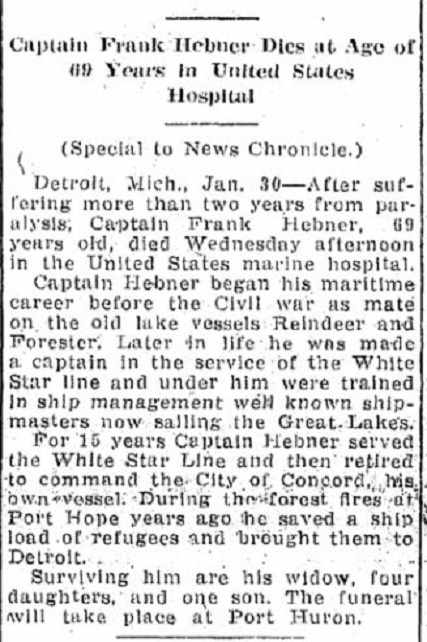Captain Frank Hebner Obituary
January 30 1913, Page 3