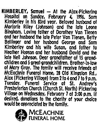 Samuel Kimberley
Obituary