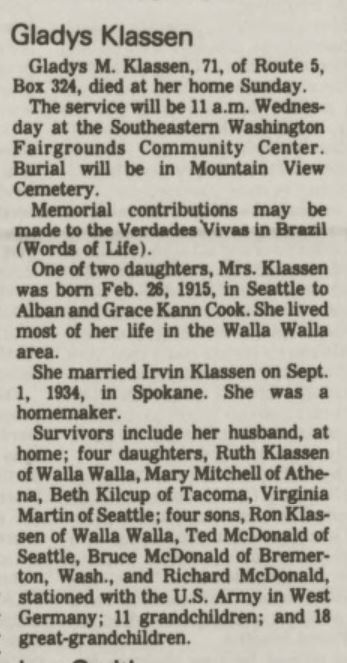 Gladys (Cook) Klassen
Obituary