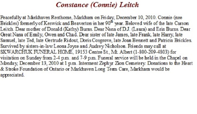 Connie (Brickles) Leitch
Obituary