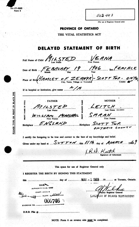Verna Milsted
Birth Registration