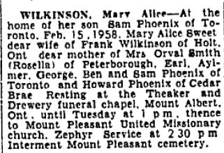 Mary Alice (Sweet)(Phoenix) Wilkinson
Obituary