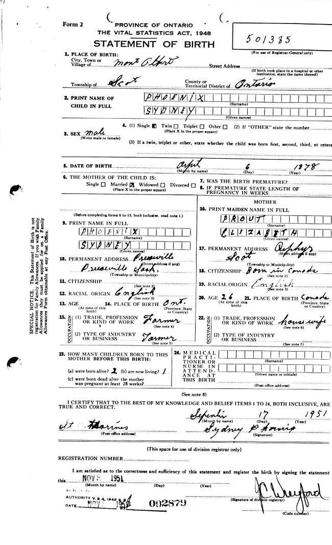 Sydney Phoenix
Birth Registration