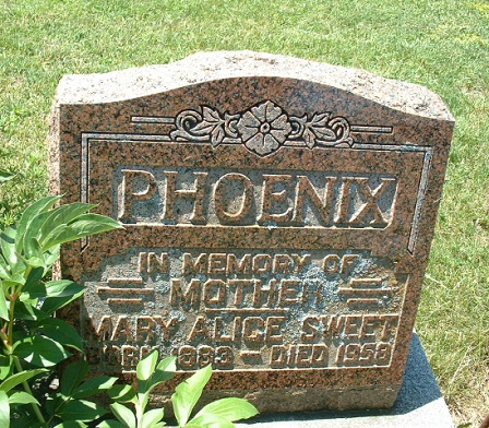 Mary Alice (Sweet) Phoenix
Mount Pleasant Cemetery
Zephyr, Ontario