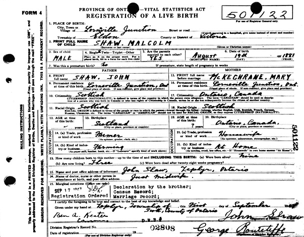 Malcolm Shaw
Birth Registration