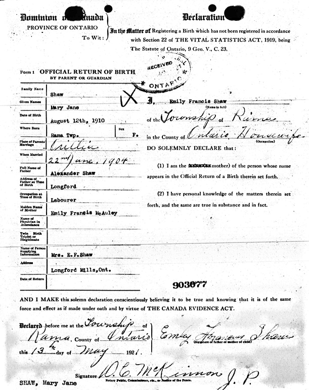 Mary Jane Shaw
Birth Registration