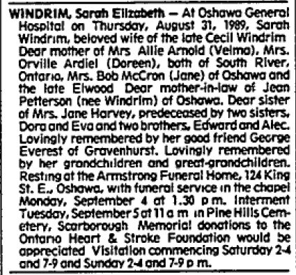 Sarah Elizabeth Windrim
Obituary