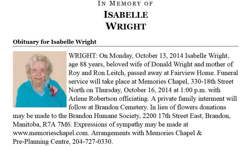 Isabelle (Nelson, Leitch) Wright
Obituary